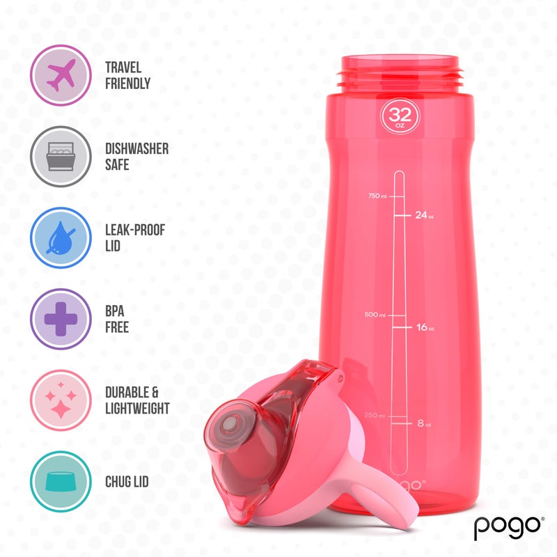 Pogo BPA-Free Tritan Plastic Water Bottle with Chug Lid, 32 Oz, Pink. - Image 3