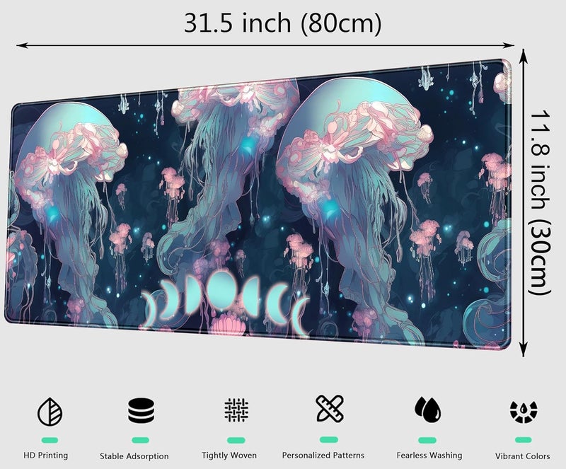 DCJJM Anime Jellyfish Desk Mat Neon Blue XL Large Extended Gaming Mouse Pad Cute Ocean Moon Mats Computer Laptop Keyboard Mouse Mat Desk Pad 31.5x11.8 in, Desktop Protector for Women with Stitched Edges - Image 2