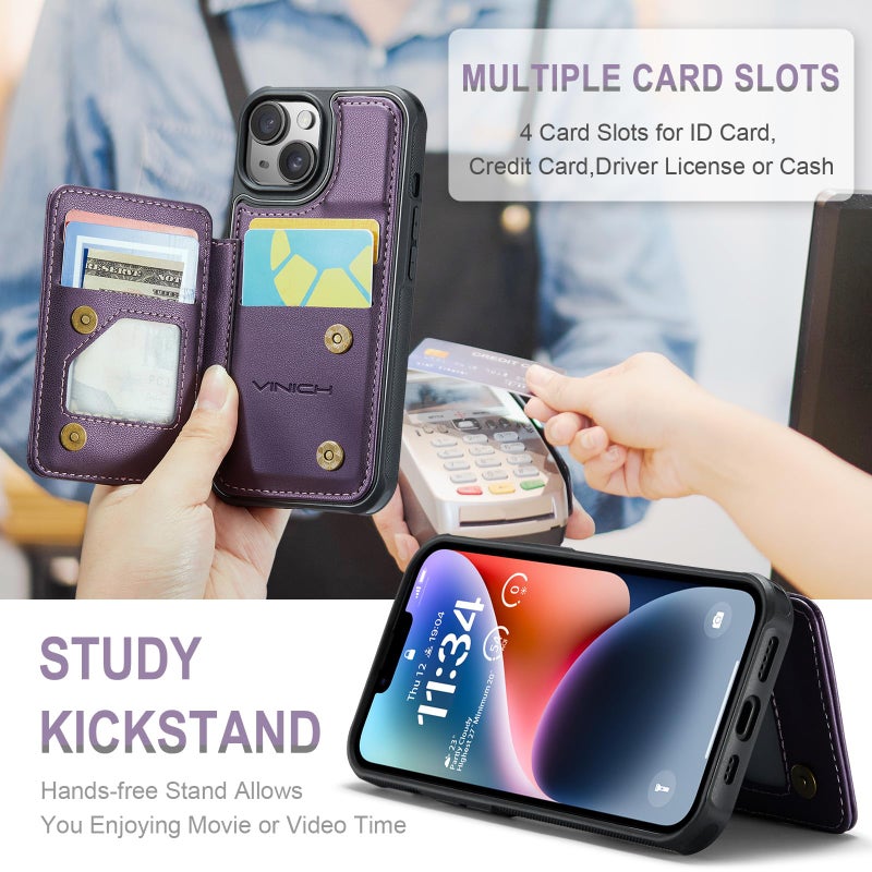 Vinich for iPhone 14 Wallet Case with Card Holder, RFID Blocking Credit Slots Kickstand Shockproof Phone Cover Fit for iPhone 14 6.1" Purple - Image 4