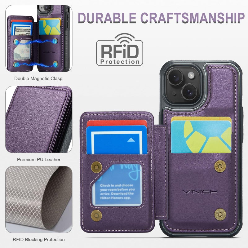 Vinich for iPhone 14 Wallet Case with Card Holder, RFID Blocking Credit Slots Kickstand Shockproof Phone Cover Fit for iPhone 14 6.1" Purple - Image 5