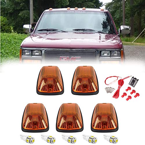 MARLBSTON 5 X Cab Marker Light, Compatible with 1988-2002 Chevy/GMC C1500 C2500 C3500 K1500 K2500 K3500 Pickup Trucks Amber Lens White LED Cab Roof Running Lights, Top Clearance Light Harness w/Wiring Pack - Image 1
