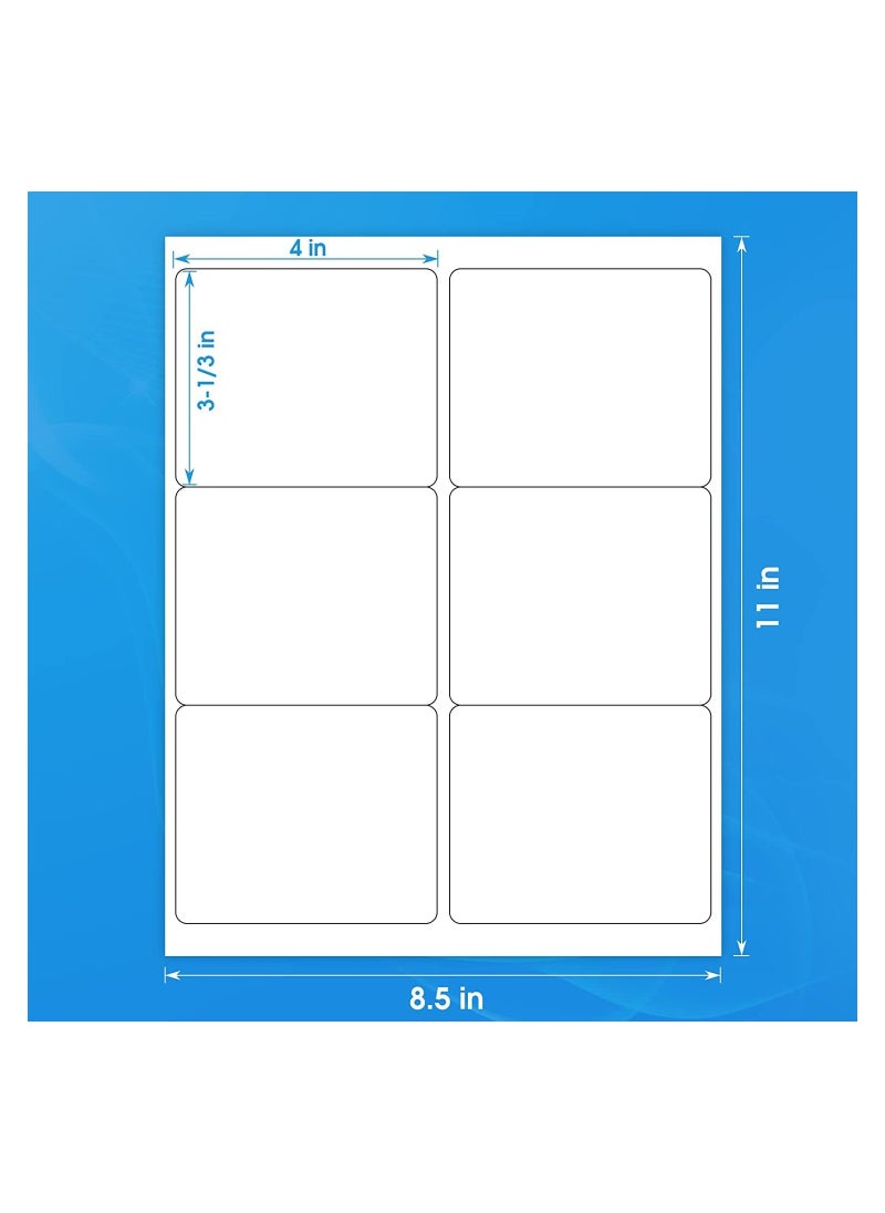 3-1/3x4 Shipping Address Labels ,for Inkjet or Laser Printer, 6 Up Sticker Labels Paper, Matte White Paper Sheets, Strong Adhesive, Dries Quickly, Holds Ink Well, 600 Lables