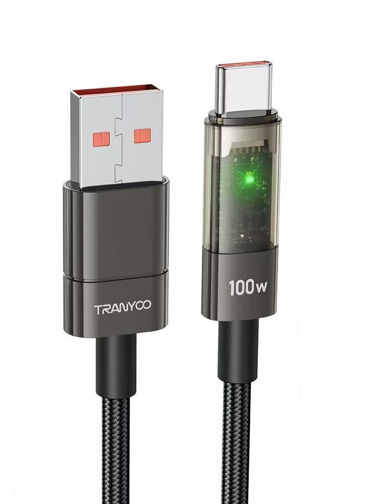 ترانيوو كابل بيانات للشحن السريع 100 واط نوع يو اس بي سي اللي تايب سي 1.2 متر لمحول الشحن - أسود  لمحول الشحن - Image 1