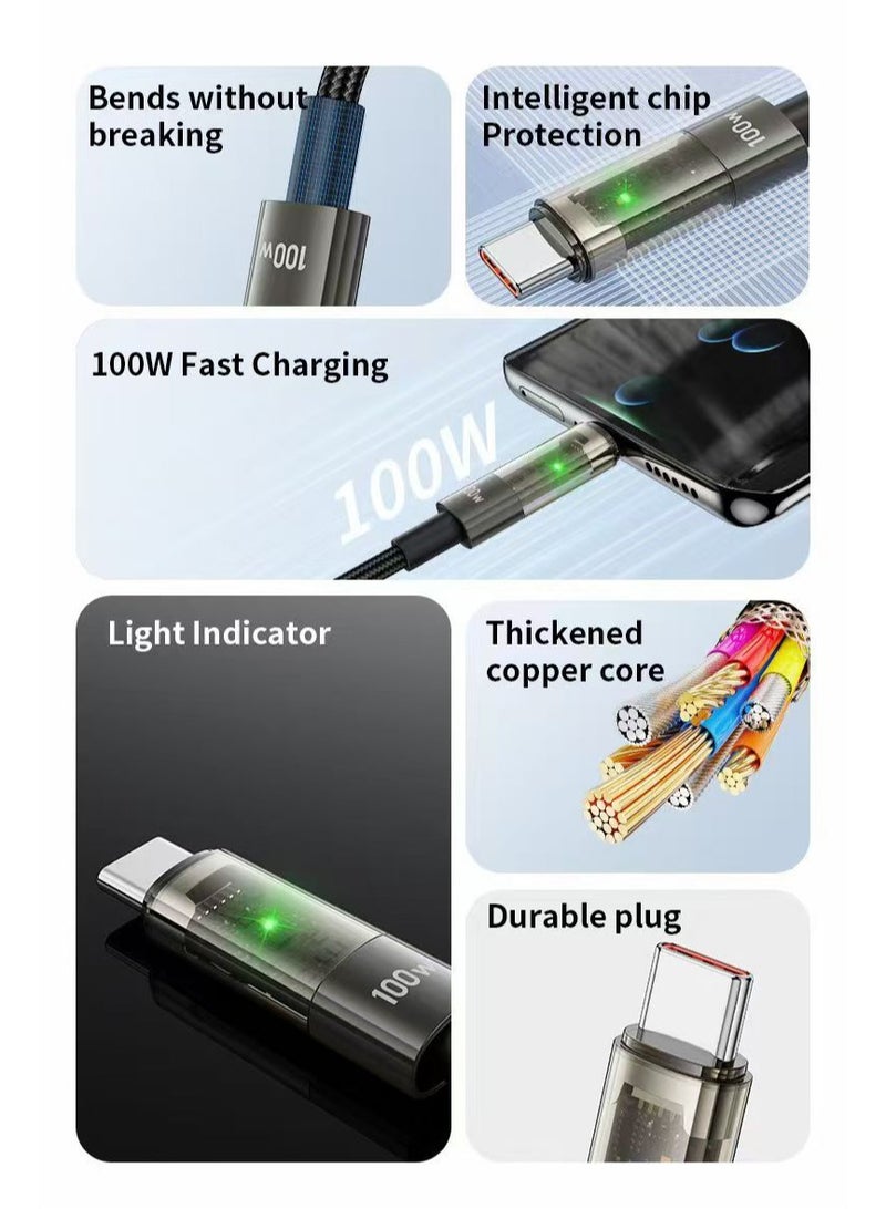 ترانيوو كابل بيانات للشحن السريع 100 واط نوع يو اس بي سي اللي تايب سي 1.2 متر لمحول الشحن - أسود  لمحول الشحن - Image 2