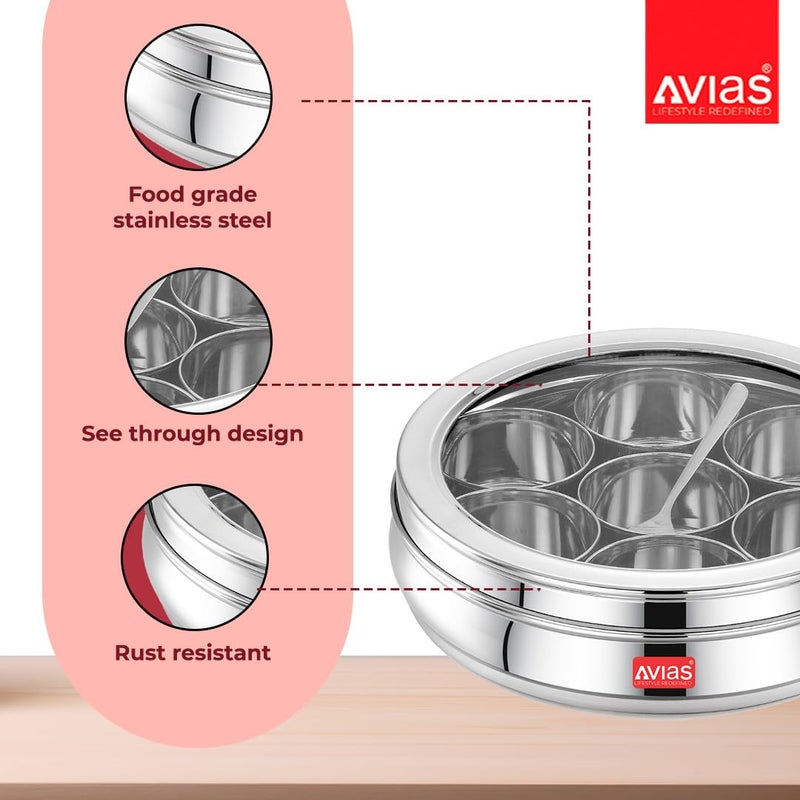 AVIAS Stainless Steel Spice Box/Masala Dabba/Spice Box For Kitchen/Anjarai Petti For Kitchen/Masala Box (Deluxe Glass Lid - Small), 175 Ml, Silver - Image 2