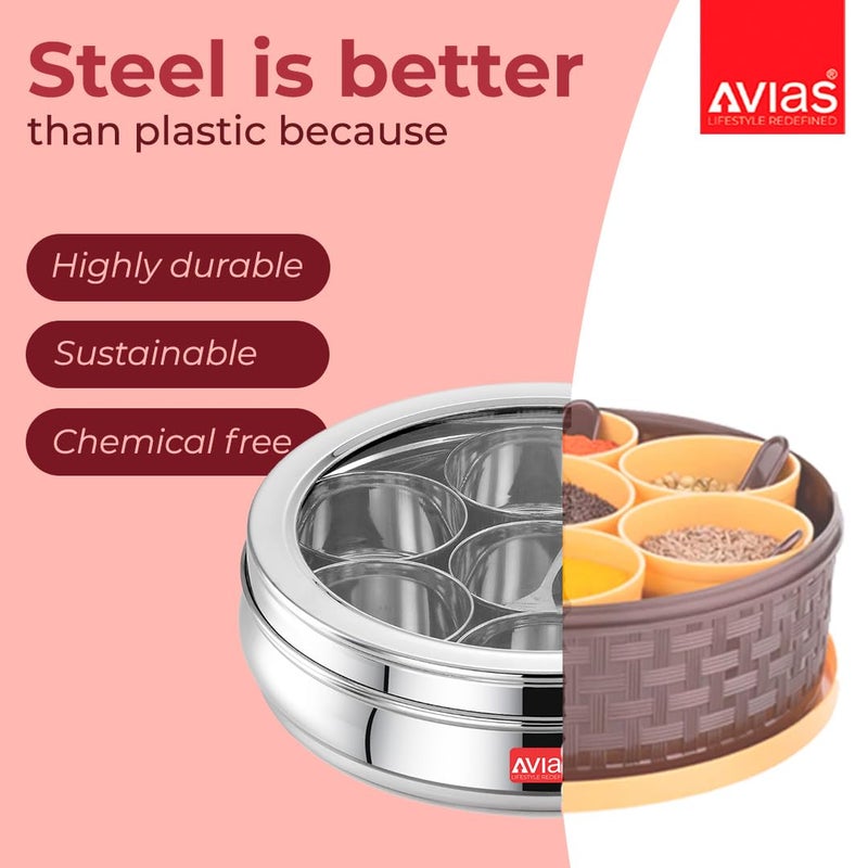 AVIAS Stainless Steel Spice Box/Masala Dabba/Spice Box For Kitchen/Anjarai Petti For Kitchen/Masala Box (Deluxe Glass Lid - Small), 175 Ml, Silver - Image 3