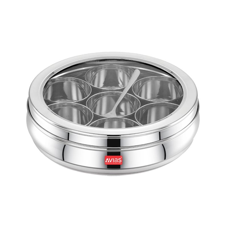 AVIAS Stainless Steel Spice Box/Masala Dabba/Spice Box For Kitchen/Anjarai Petti For Kitchen/Masala Box (Deluxe Glass Lid - Small), 175 Ml, Silver - Image 1