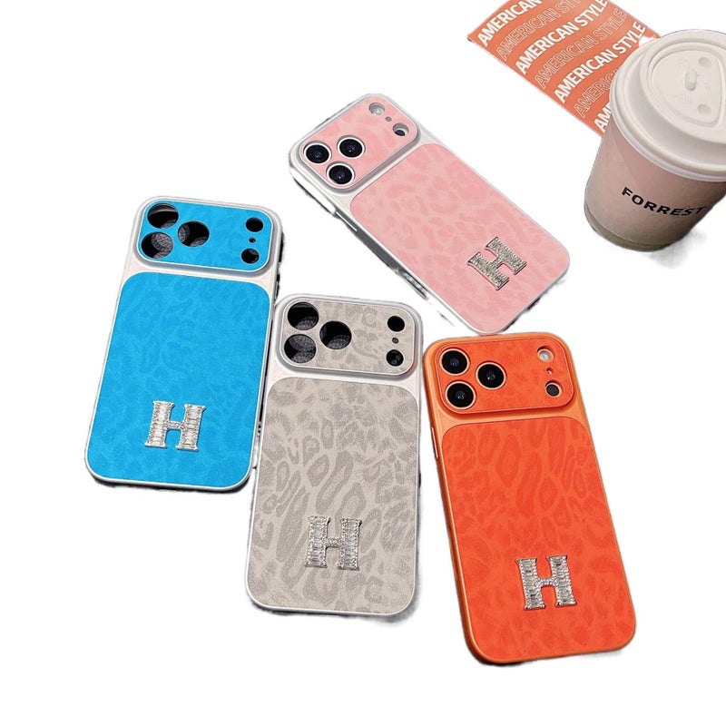 MS Aramid Fiber Protective Case for iPhone 17 / 17 Air / 17 Pro / 17 Pro Max with Large Window and Leopard Print plus Diamond Rhinestone plus Hermès Style in Blue - Image 3