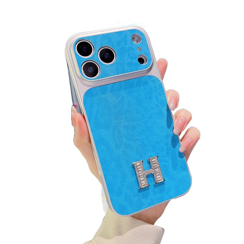 MS Aramid Fiber Protective Case for iPhone 17 / 17 Air / 17 Pro / 17 Pro Max with Large Window and Leopard Print plus Diamond Rhinestone plus Hermès Style in Blue - Image 1