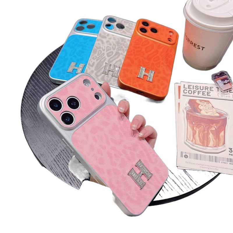 MS Aramid Fiber Protective Case for iPhone 17 / 17 Air / 17 Pro / 17 Pro Max with Large Window and Leopard Print plus Diamond Rhinestone plus Hermès Style in Blue - Image 2