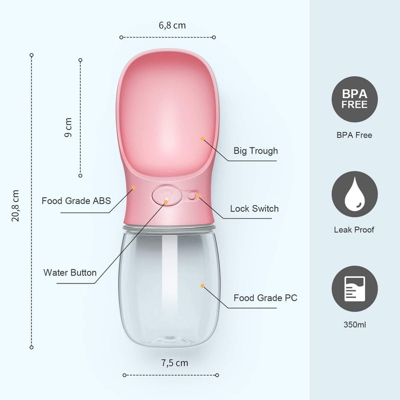 Deyace Dog Water Bottle, Leak Proof Portable Pet Water Bottles for Dogs, Puppy Water Dispenser with Drinking Feeder for Travel (Pink 12oz) - Image 2