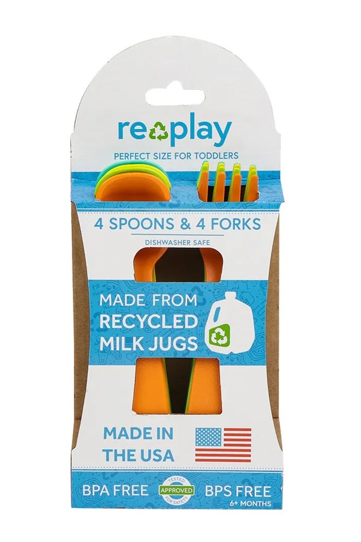 طقم أدوات طعام للأطفال - 8 قطع | برتقالي، أصفر، أخضر ليموني، أزرق مائي | خالي من BPA | آمن للغسل في غسالة الصحون | تصميم مريح وسهل الإمساك | مصنوع من مواد معاد تدويرها