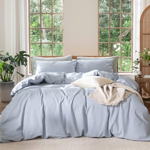 MooMee Bedding Duvet Cover Set 100 Washed Cotton Linen Like Textured Breathable Durable Soft Comfy Heathered Cornflower Blue Cal King 104x98