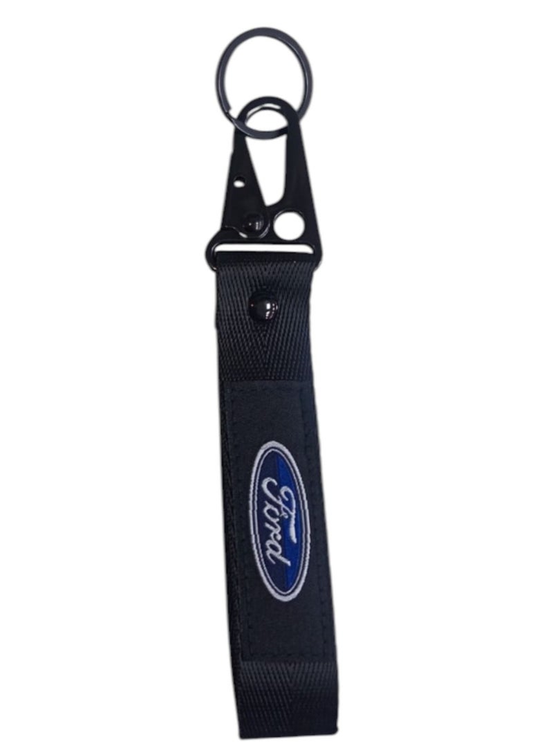 فورد تعليقة مفاتيح  (Ford) - شريط نسيج أسود مع مشبك وحلقة معدنية سوداء - Image 2