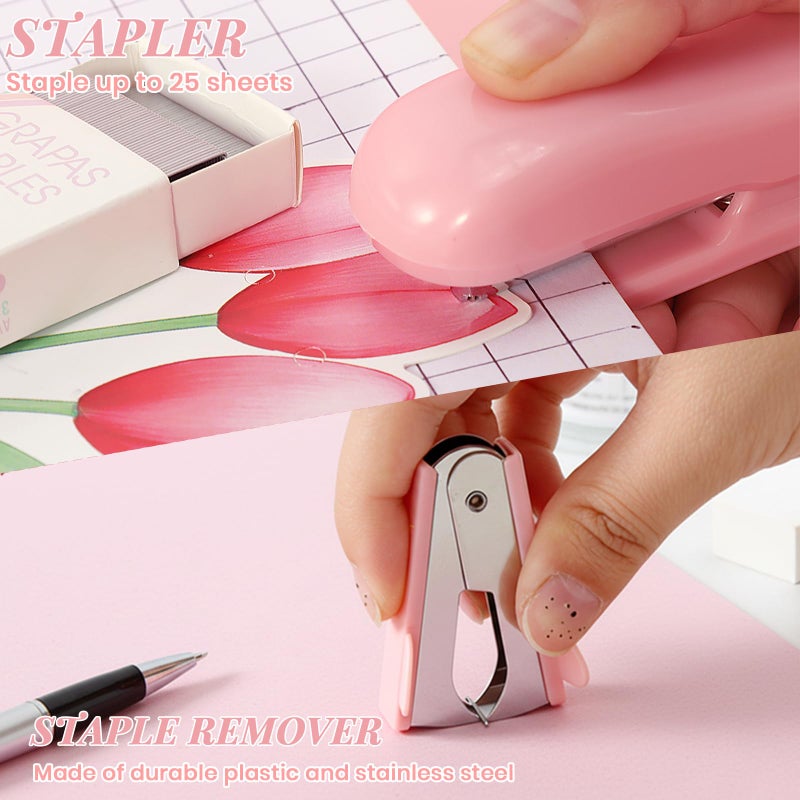 Smloplom Pink Desk Accessories, 11Pcs Desk Organizer with 360Â°Rotating Pen Holder, Stapler, Staples, Staple Remover, Pen, Ruler, Tape Dispenser, Tape, Clips, Scissor, Notes, Office Supplies - Image 5