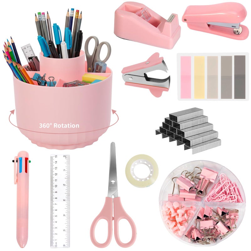 Smloplom Pink Desk Accessories, 11Pcs Desk Organizer with 360Â°Rotating Pen Holder, Stapler, Staples, Staple Remover, Pen, Ruler, Tape Dispenser, Tape, Clips, Scissor, Notes, Office Supplies - Image 1