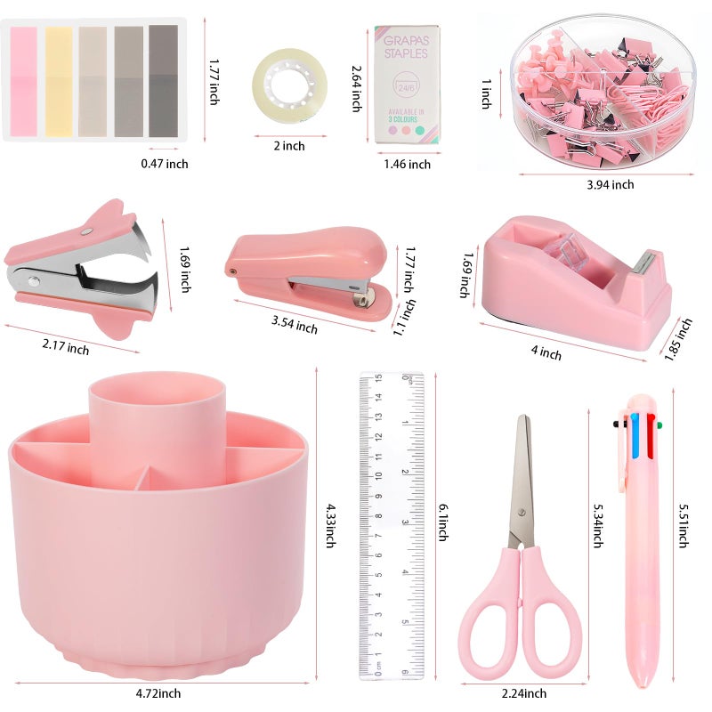 Smloplom Pink Desk Accessories, 11Pcs Desk Organizer with 360Â°Rotating Pen Holder, Stapler, Staples, Staple Remover, Pen, Ruler, Tape Dispenser, Tape, Clips, Scissor, Notes, Office Supplies - Image 2