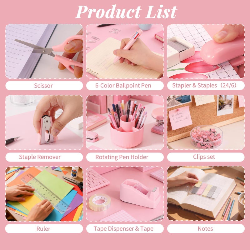 Smloplom Pink Desk Accessories, 11Pcs Desk Organizer with 360Â°Rotating Pen Holder, Stapler, Staples, Staple Remover, Pen, Ruler, Tape Dispenser, Tape, Clips, Scissor, Notes, Office Supplies - Image 3