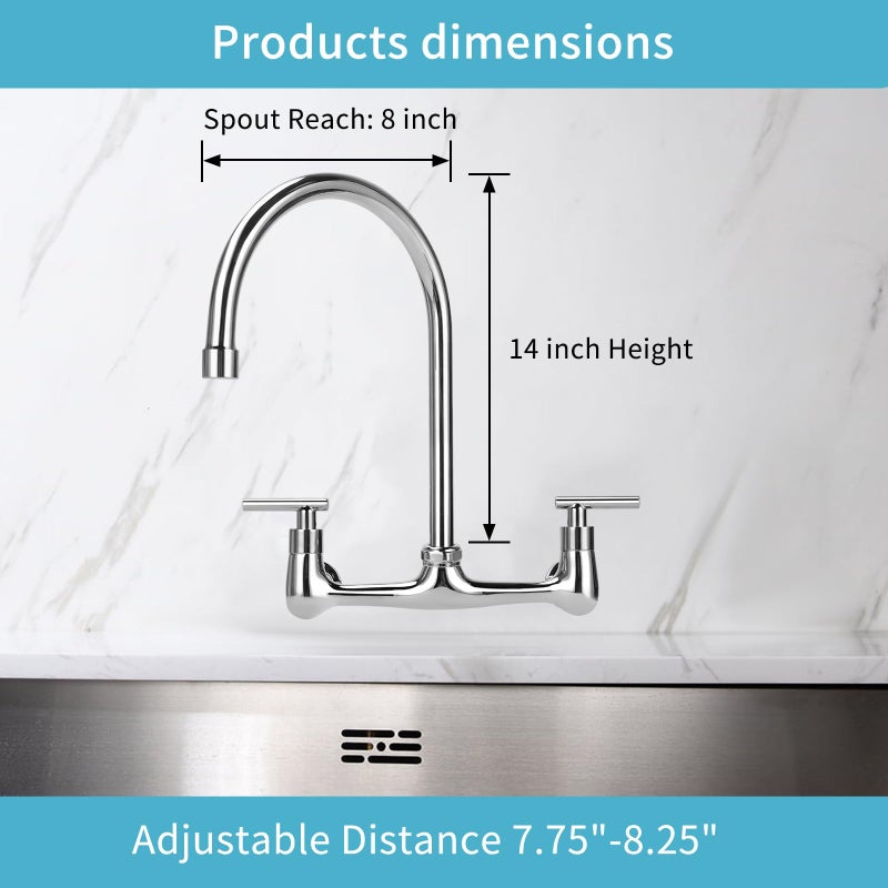 TNROTED Wall Mount Kitchen Faucet with 8"" Gooseneck Swivel Spout  8 Inch Center Commercial Kitchen Sink Faucet 2 Handle Wall Mount Utility Sink Faucet for Kitchen Restaurant Compartment Sink - Image 2