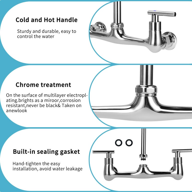 TNROTED Wall Mount Kitchen Faucet with 8"" Gooseneck Swivel Spout  8 Inch Center Commercial Kitchen Sink Faucet 2 Handle Wall Mount Utility Sink Faucet for Kitchen Restaurant Compartment Sink - Image 4