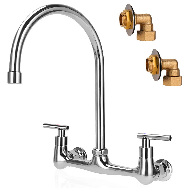 TNROTED Wall Mount Kitchen Faucet with 8"" Gooseneck Swivel Spout  8 Inch Center Commercial Kitchen Sink Faucet 2 Handle Wall Mount Utility Sink Faucet for Kitchen Restaurant Compartment Sink - Image 1