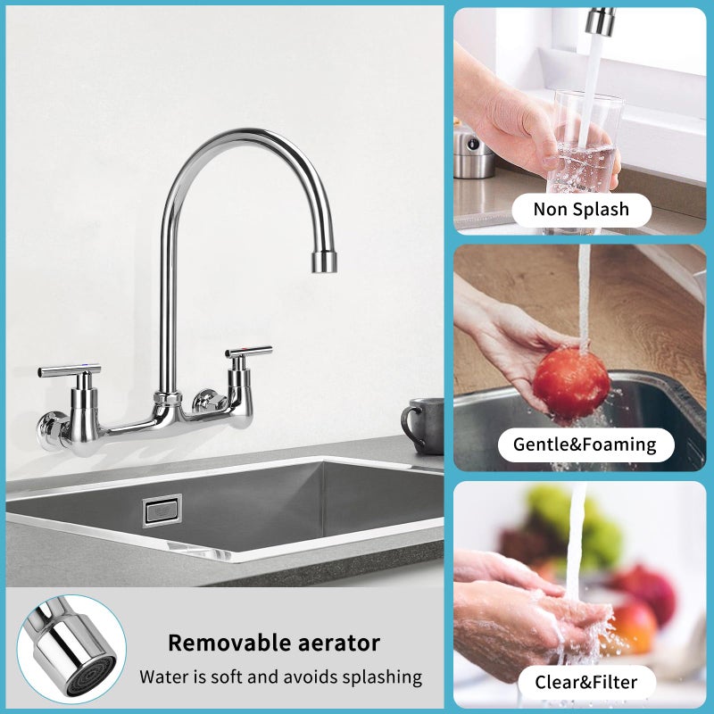 TNROTED Wall Mount Kitchen Faucet with 8"" Gooseneck Swivel Spout  8 Inch Center Commercial Kitchen Sink Faucet 2 Handle Wall Mount Utility Sink Faucet for Kitchen Restaurant Compartment Sink - Image 5