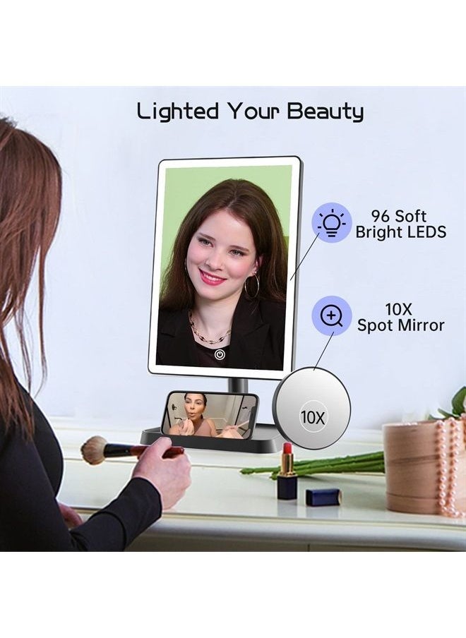 FUNTOUCH Rechargeable Makeup Mirror with Lights,Lighted Makeup Vanity Mirror with 96 LED Phone Holder and 10X Magnifying Mirror, 3Color Lighting Light Up Cosmetic Mirror with Sensor Touch Dimmable,360°Rotation  - Image 4