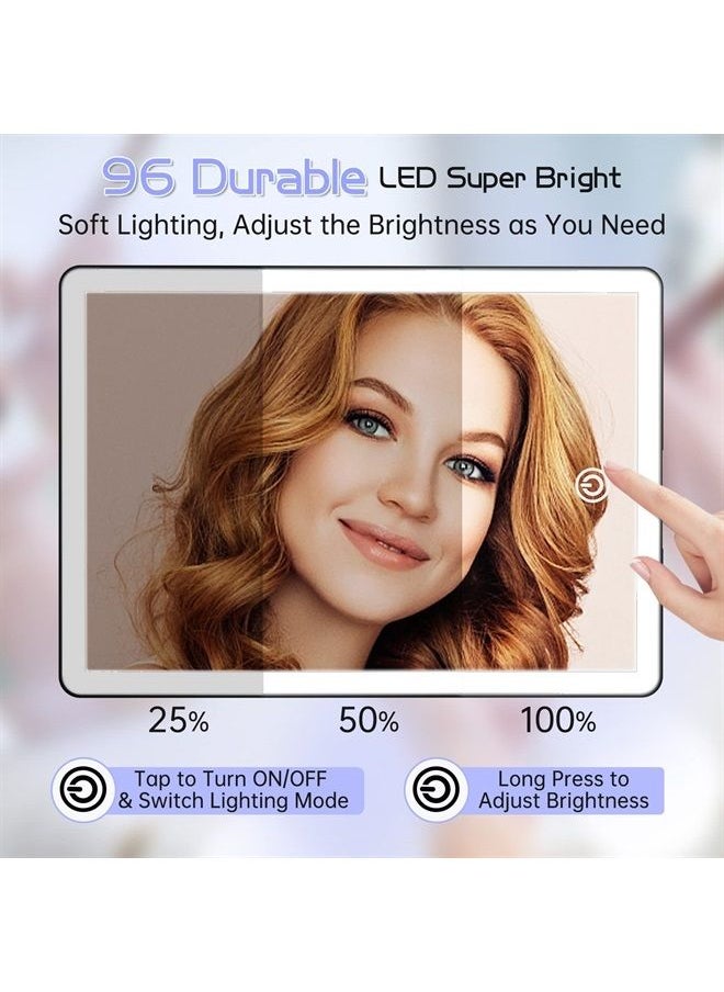 FUNTOUCH Rechargeable Makeup Mirror with Lights,Lighted Makeup Vanity Mirror with 96 LED Phone Holder and 10X Magnifying Mirror, 3Color Lighting Light Up Cosmetic Mirror with Sensor Touch Dimmable,360°Rotation  - Image 3