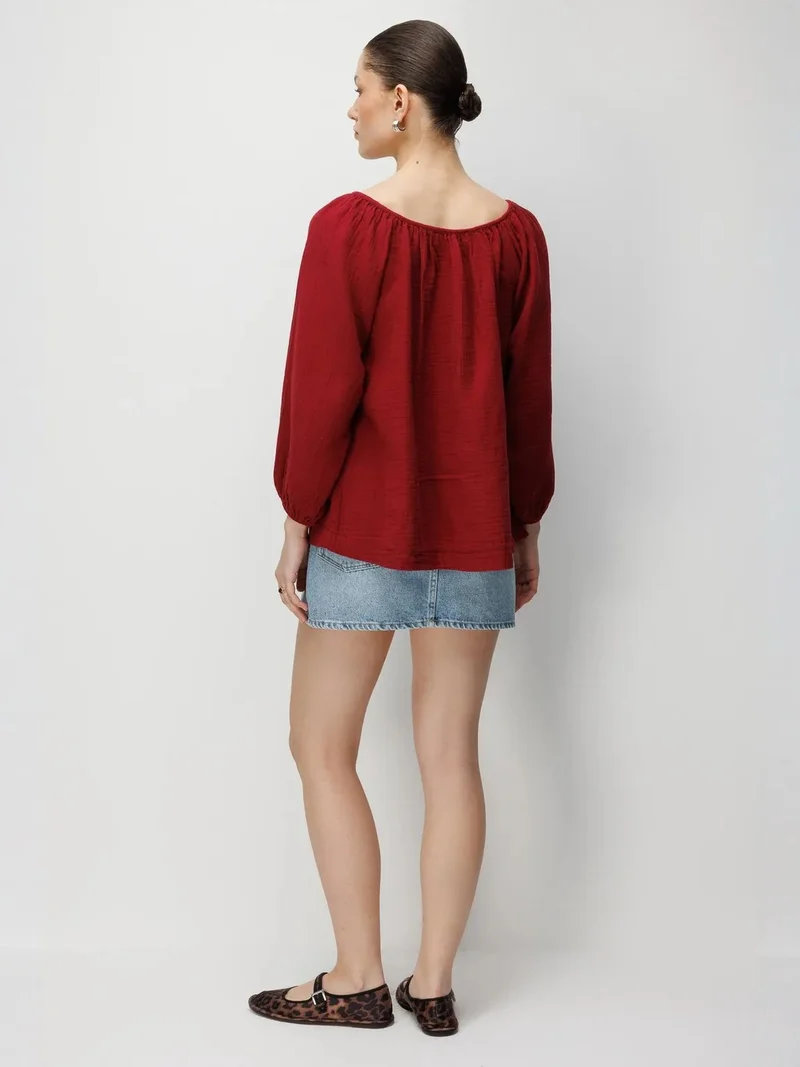 Mixray Burgundy Red Mixray Buttoned Muslin Blouse for Women | Best Price UAE
