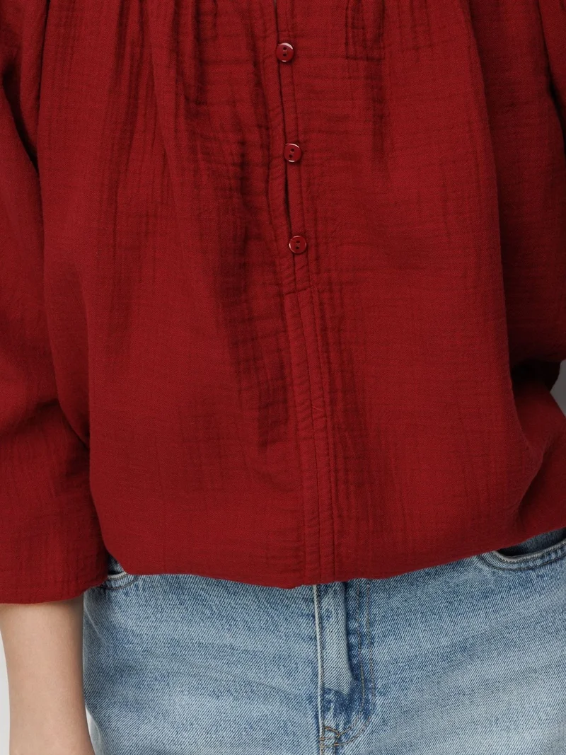 Mixray Burgundy Red Mixray Buttoned Muslin Blouse for Women | Best Price UAE