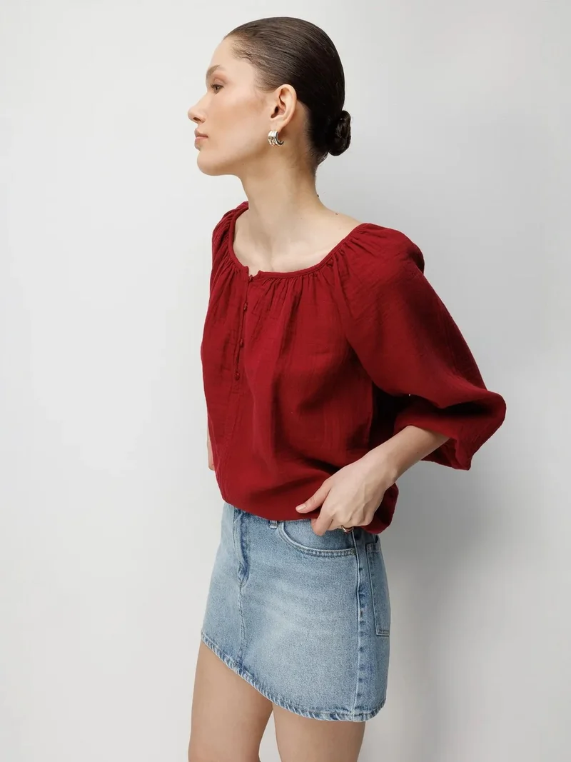 Mixray Burgundy Red Mixray Buttoned Muslin Blouse for Women | Best Price UAE