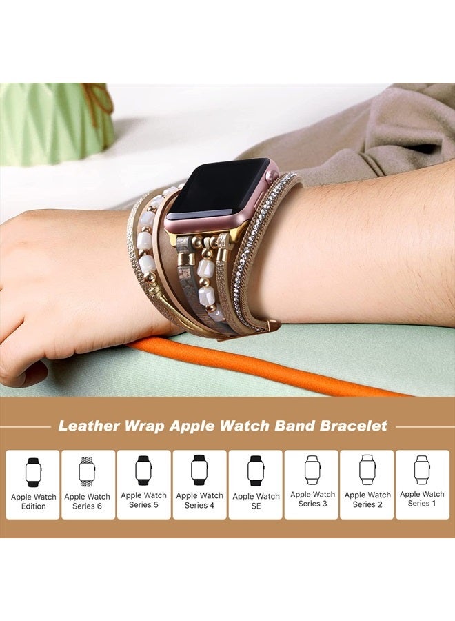 VIKOROS Cute Bands Compatible with Apple Watch Band Ultra iWatch Series 8 7 6 5 4 3 2 1 SE 38mm 40mm 41mm for Women, Luxury Designer Thin Leather Metal Bracelet Charms Strap for iWatch Bands Khaki - Image 2