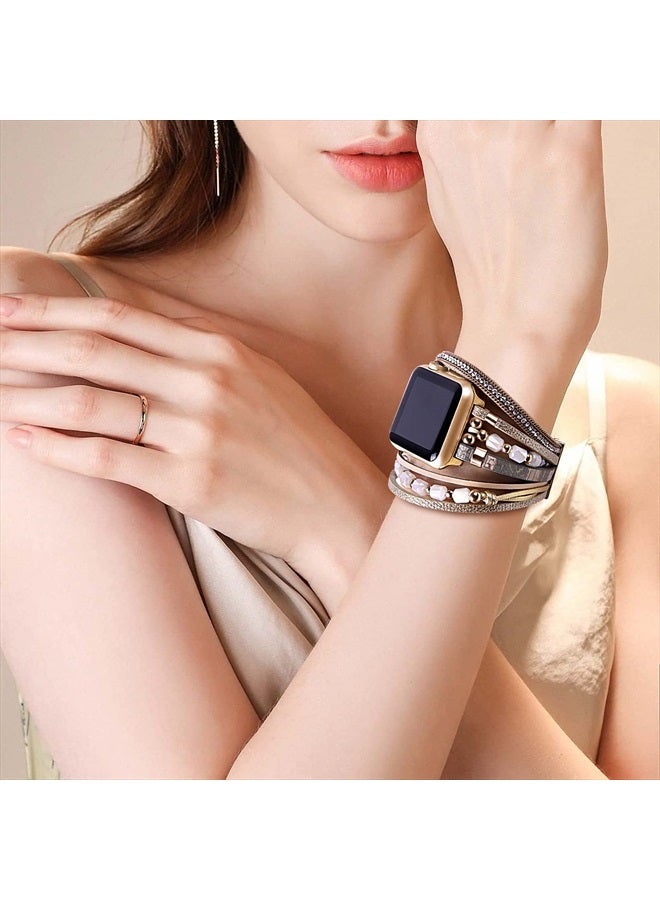 VIKOROS Cute Bands Compatible with Apple Watch Band Ultra iWatch Series 8 7 6 5 4 3 2 1 SE 38mm 40mm 41mm for Women, Luxury Designer Thin Leather Metal Bracelet Charms Strap for iWatch Bands Khaki - Image 3