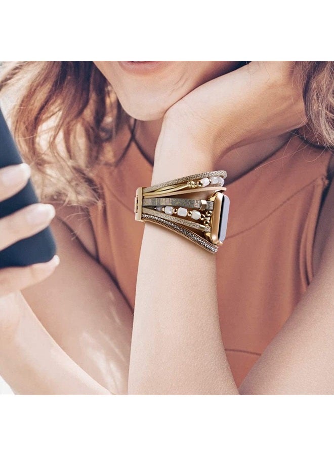 VIKOROS Cute Bands Compatible with Apple Watch Band Ultra iWatch Series 8 7 6 5 4 3 2 1 SE 38mm 40mm 41mm for Women, Luxury Designer Thin Leather Metal Bracelet Charms Strap for iWatch Bands Khaki - Image 4