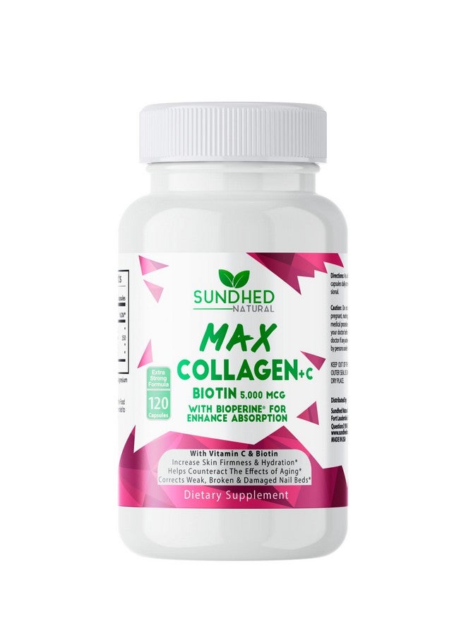 Sundhed Natural Sundhed Max Collagen Plus C - All Natural Collagen with Biotin & Bioperine to Boost Anti Aging Hydration & Skin Firmness - Strengthen Bones & Nails (Capsules 2-Month) (120 Count) - Image 1