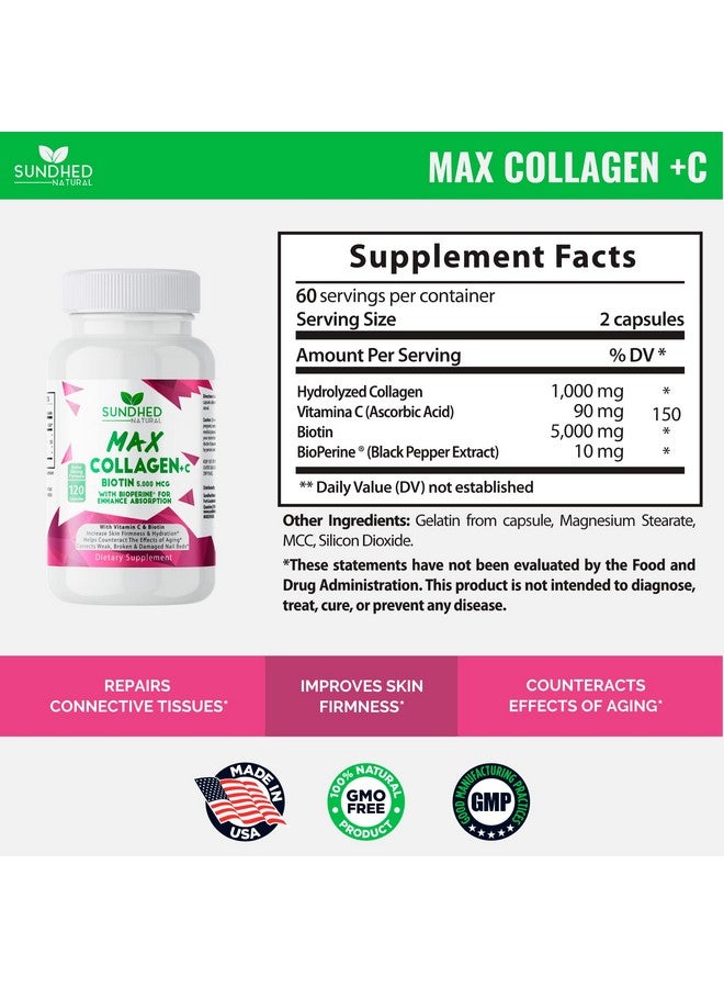 Sundhed Natural Sundhed Max Collagen Plus C - All Natural Collagen with Biotin & Bioperine to Boost Anti Aging Hydration & Skin Firmness - Strengthen Bones & Nails (Capsules 2-Month) (120 Count) - Image 3