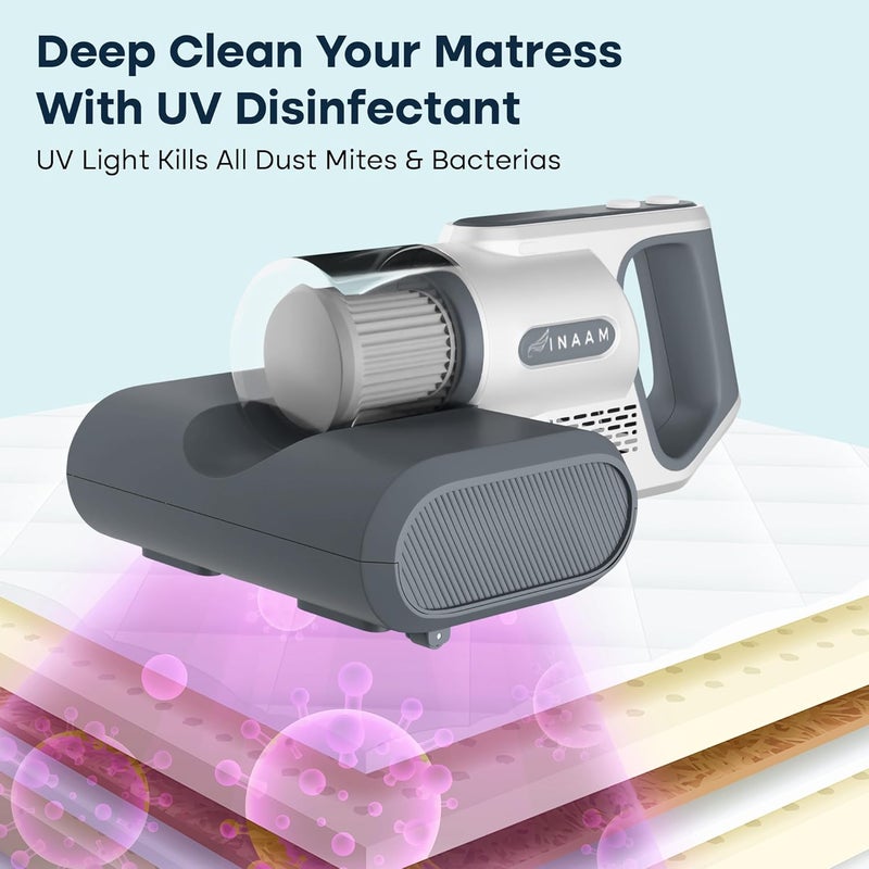 INAAM Dust Mite Cordless Vacuum Bed Sofa Cleaner UV Light Sterilisation HEPA Filtration KPA Power Suction Ideal for Bed Sofa Pillow Other Fabrics Kills Bacteria White - Image 4