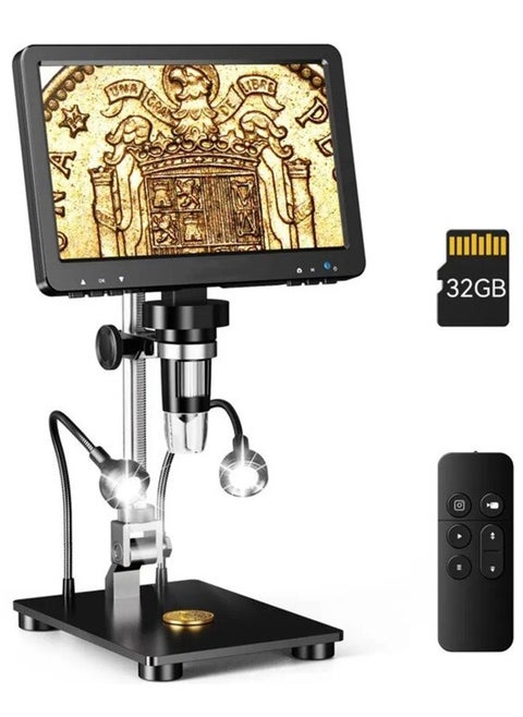 7inch HDMI Digital Microscope 1200X with IPS Screen, 16MP Coin Microscope Magnifier for Entire Coin View, 1080P LCD Soldering Microscope for Adult with 8 LED Lights, PC/TV View, 32GB