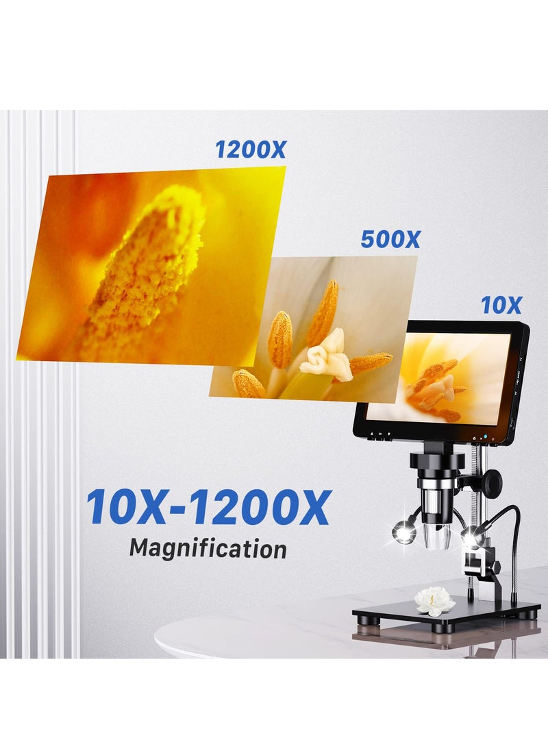 7inch HDMI Digital Microscope 1200X with IPS Screen, 16MP Coin Microscope Magnifier for Entire Coin View, 1080P LCD Soldering Microscope for Adult with 8 LED Lights, PC/TV View, 32GB
