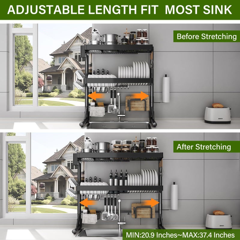 CUISIBOT Over Sink Dish Drying Rack, 3-Tier Full Stainless Steel Drainer Dish Rack Adjustable 20.9''-37.4'', Expandable Multifunctional Kitchen Organizer - Image 3