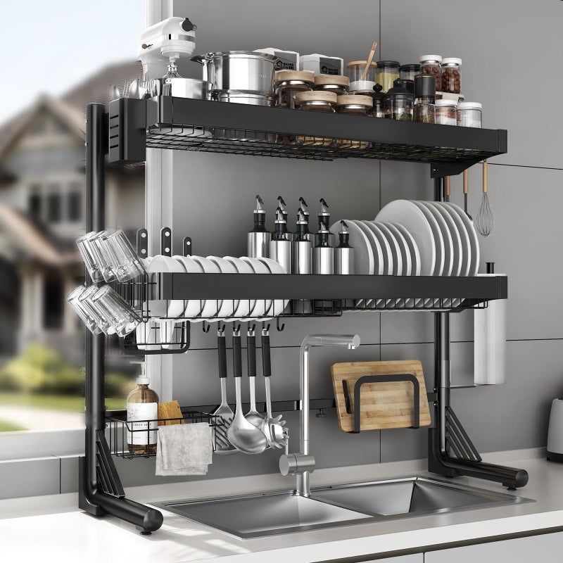 CUISIBOT Over Sink Dish Drying Rack, 3-Tier Full Stainless Steel Drainer Dish Rack Adjustable 20.9''-37.4'', Expandable Multifunctional Kitchen Organizer - Image 1