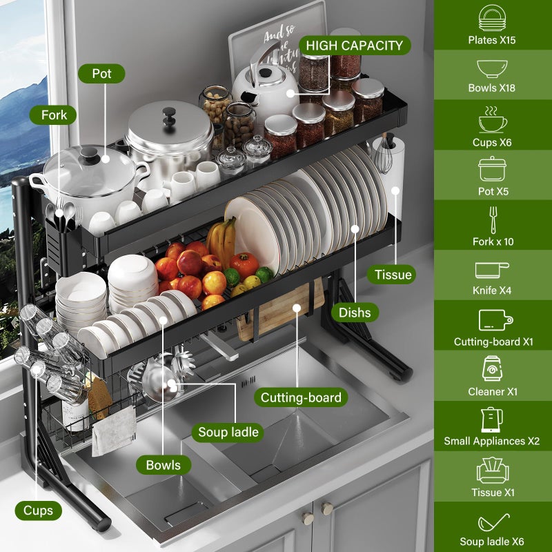 CUISIBOT Over Sink Dish Drying Rack, 3-Tier Full Stainless Steel Drainer Dish Rack Adjustable 20.9''-37.4'', Expandable Multifunctional Kitchen Organizer - Image 2