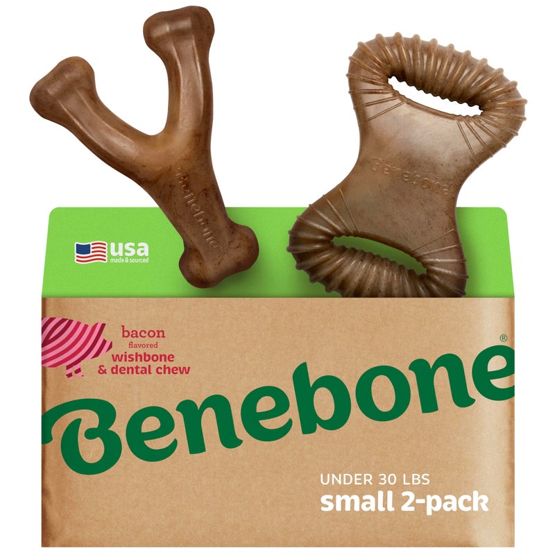 Benebone 2 Count (Pack of 1) Wishbone/Dental Durable Dog Chew Toys, Real Bacon, Made in USA, Small - Image 1