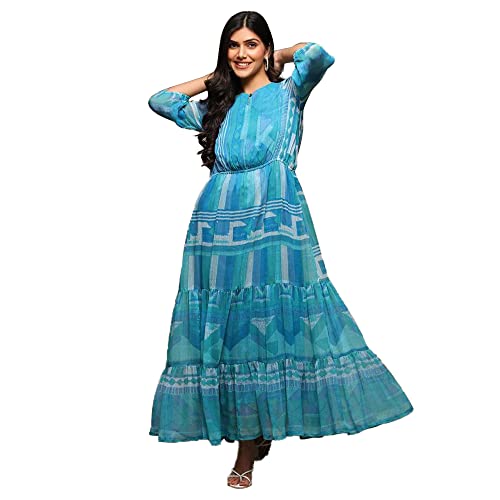 BIBA Women Blue Relaxed Fit Blend Tiered Printed Maxi Dress, Medium - Image 4