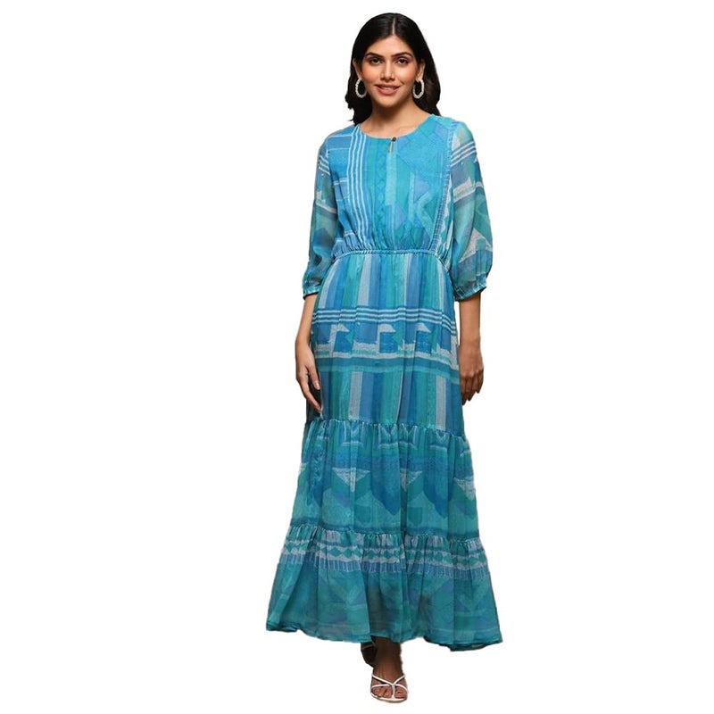 BIBA Women Blue Relaxed Fit Blend Tiered Printed Maxi Dress, Medium - Image 5