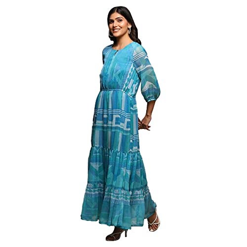 BIBA Women Blue Relaxed Fit Blend Tiered Printed Maxi Dress, Medium - Image 2