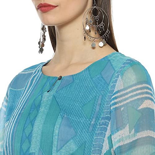 BIBA Women Blue Relaxed Fit Blend Tiered Printed Maxi Dress, Medium - Image 3