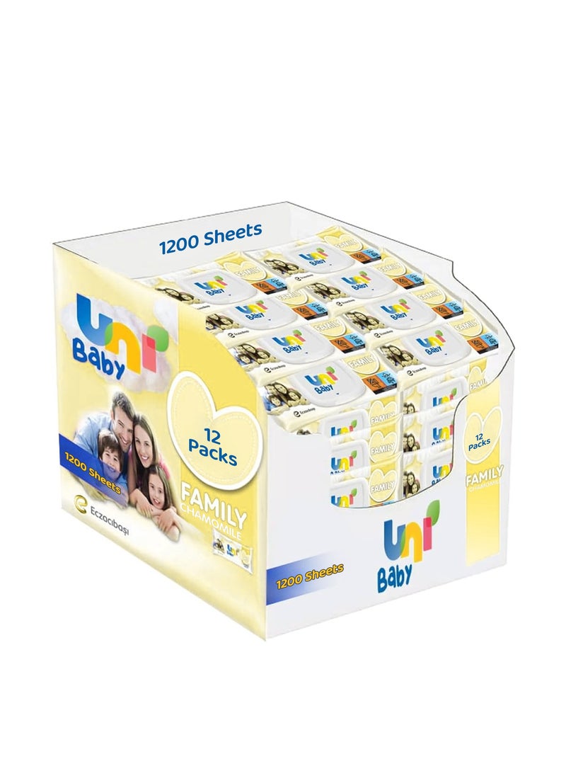 Uni baby Pack of 12 Wet Wipes Family Chamomile Scent, Gentle & Dermatologically Tested, Suitable for All Ages, 1200 Pcs  - Image 1