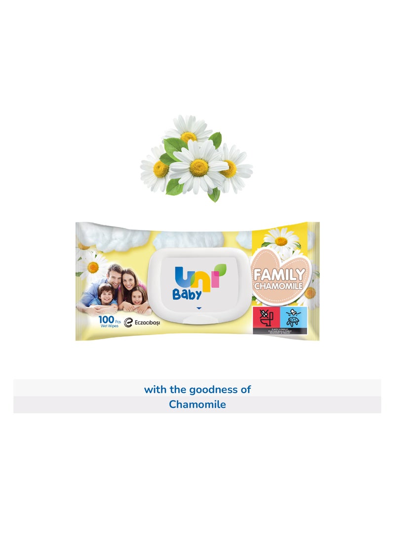Uni baby Pack of 12 Wet Wipes Family Chamomile Scent, Gentle & Dermatologically Tested, Suitable for All Ages, 1200 Pcs  - Image 2