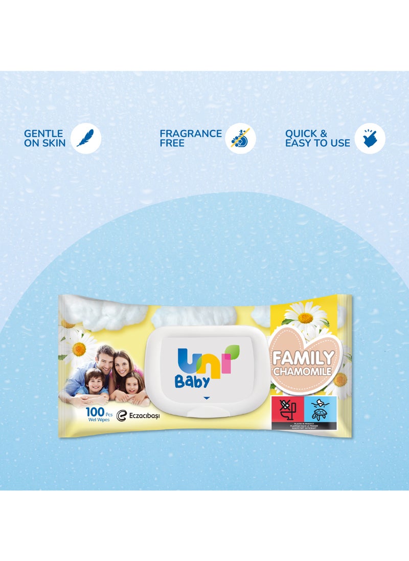 Uni baby Pack of 12 Wet Wipes Family Chamomile Scent, Gentle & Dermatologically Tested, Suitable for All Ages, 1200 Pcs  - Image 3